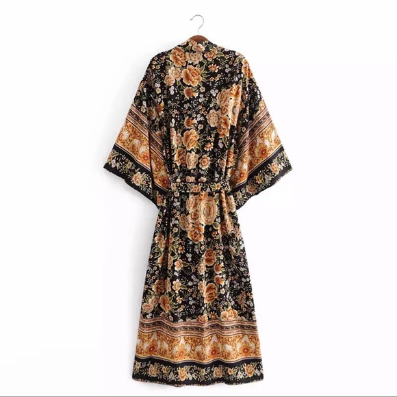 Boho gypsy floral print maxi kimono black orange - Picture 2 of 5